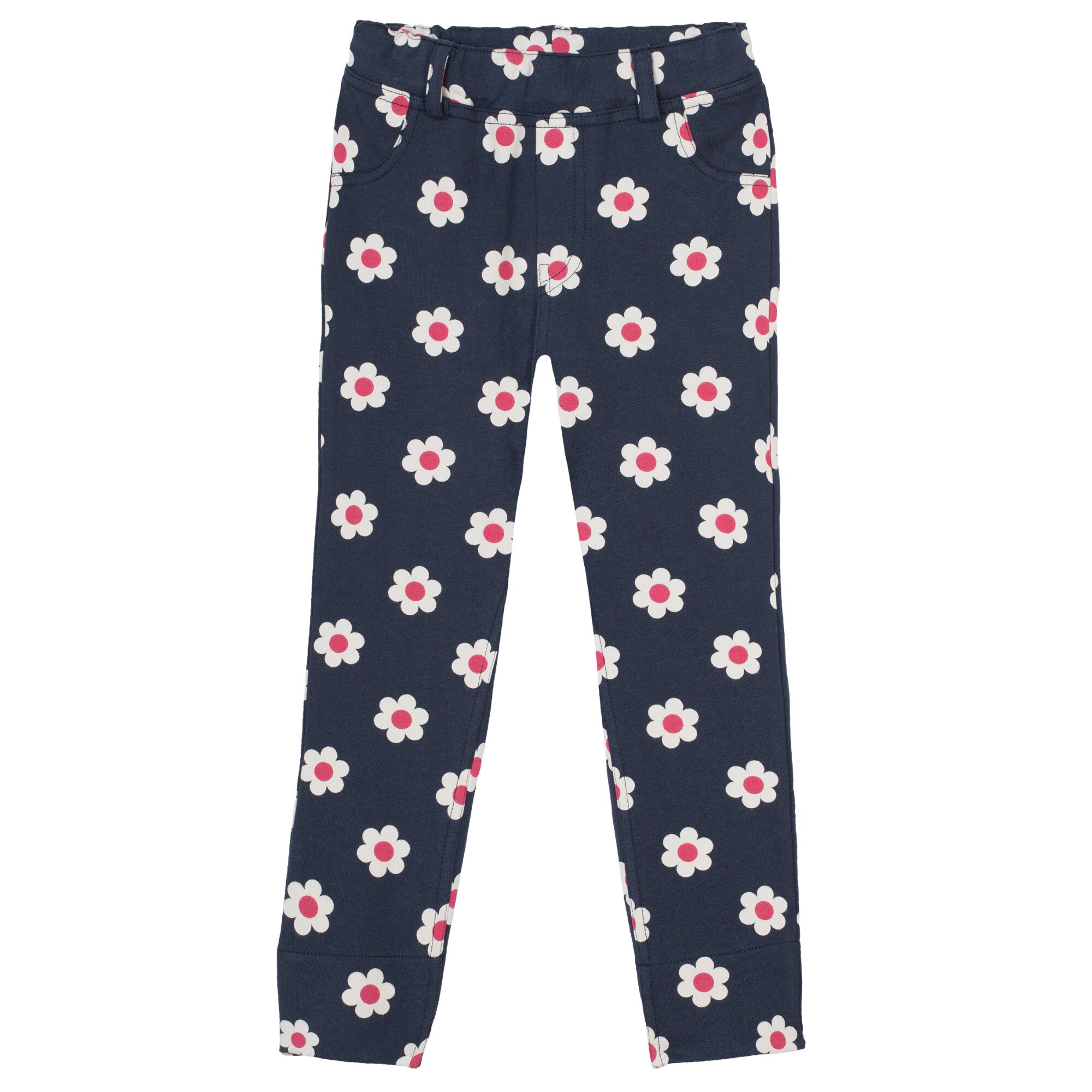 Pantaloni cu margarete, bumbac organic, slim fit, navy, flori, fete