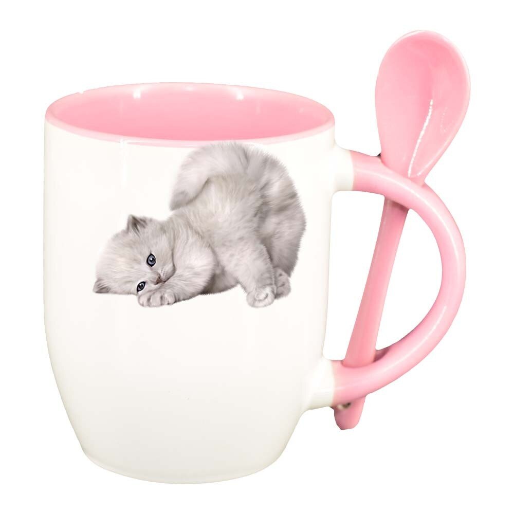 Cana Cat cu lingurita, interior roz, 330ml, D423