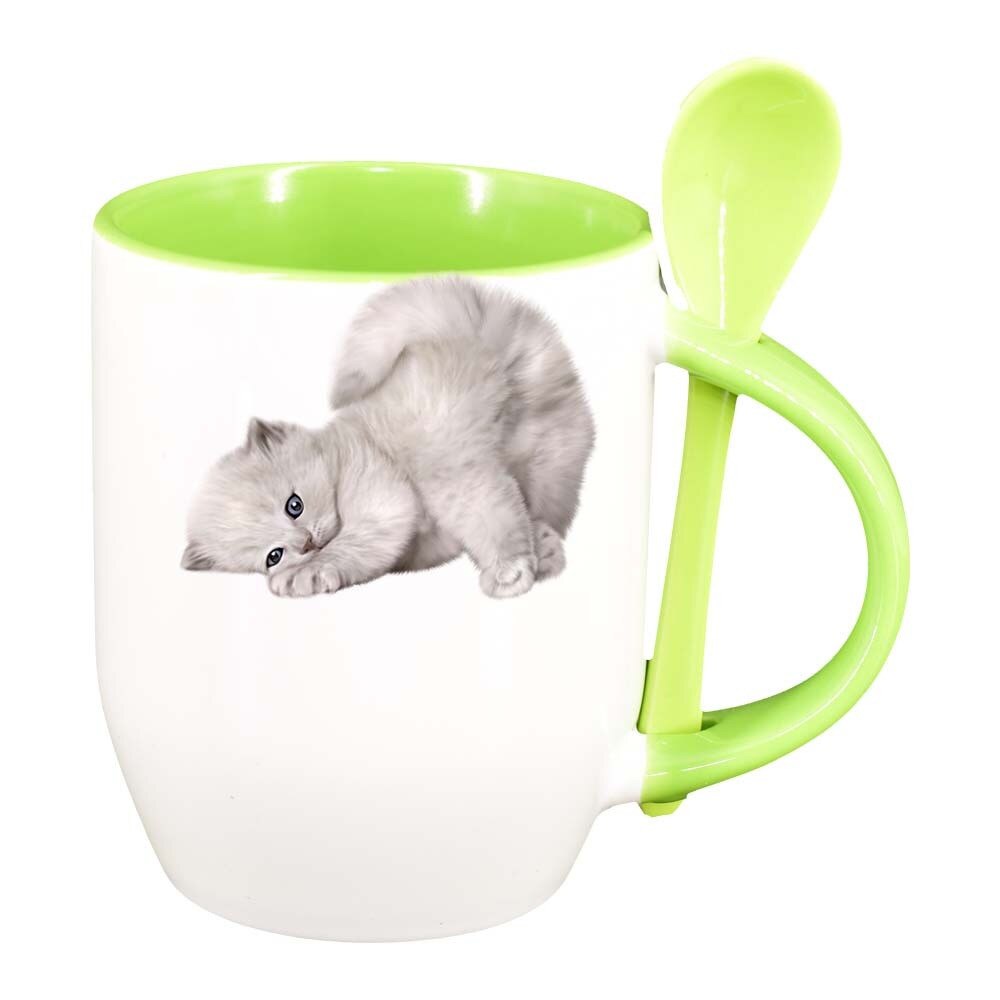 Cana Cat cu lingurita, interior verde deschis, 330ml, D423