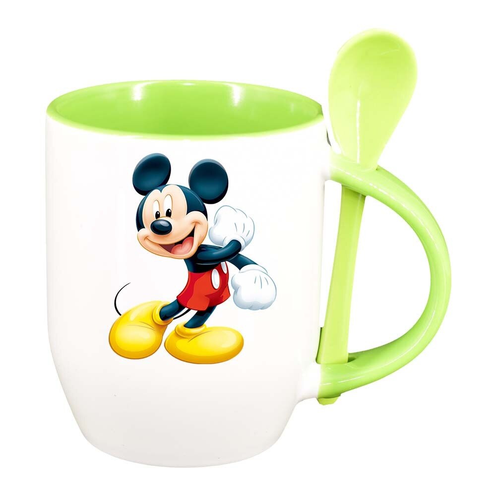 Cana Mickey Mouse cu lingurita, interior verde deschis, 330ml, D322