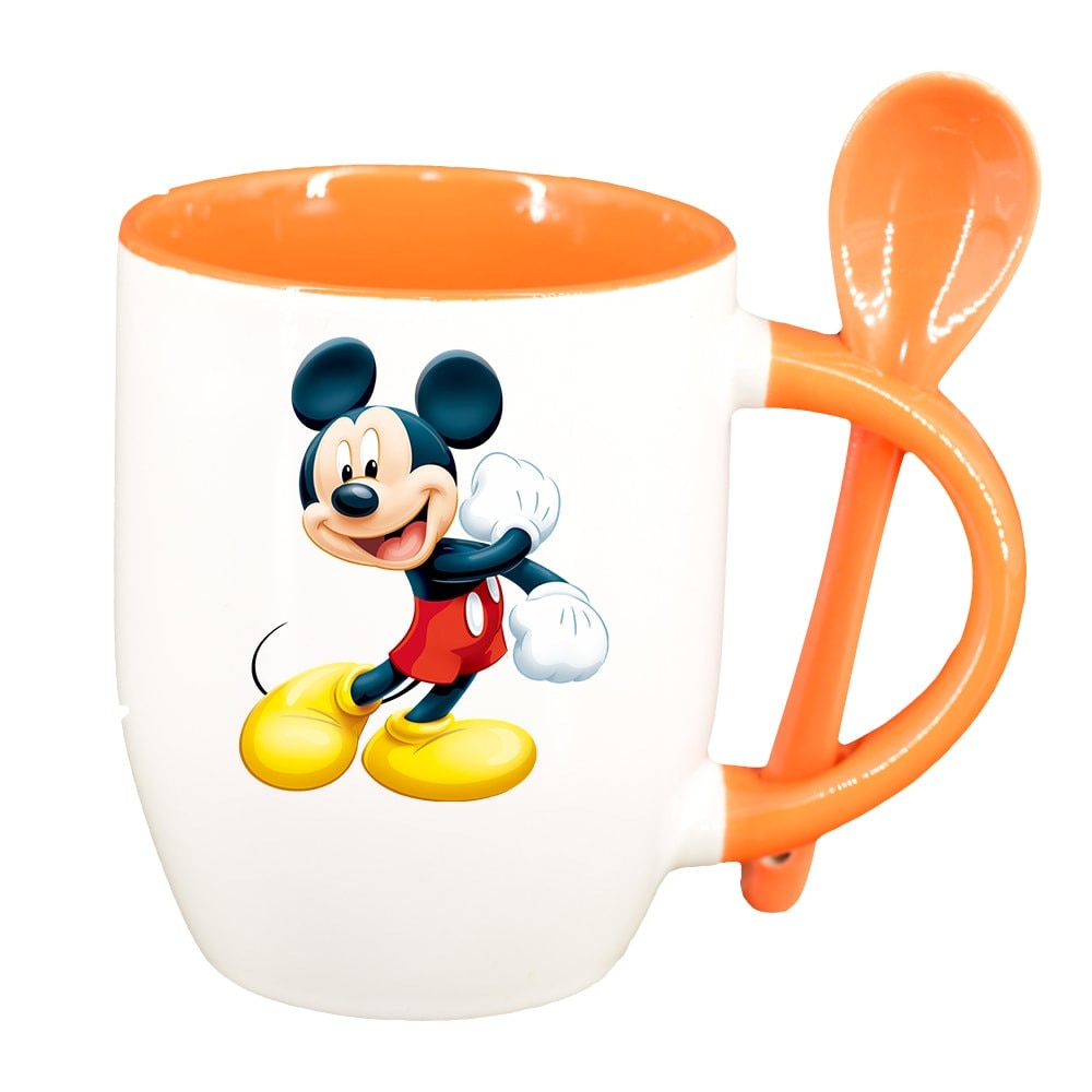 Cana Mickey Mouse cu lingurita, interior portocaliu, 330ml, D322