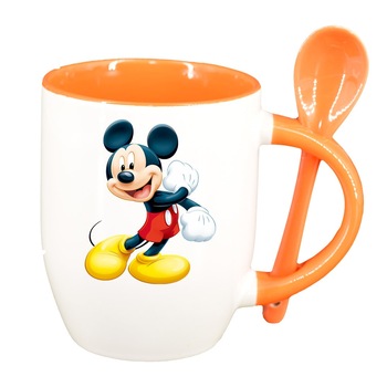 Cana Mickey Mouse cu lingurita, interior portocaliu, 330ml, D322 Cana Mickey Mouse cu lingurita, interior portocaliu, 330ml, D322