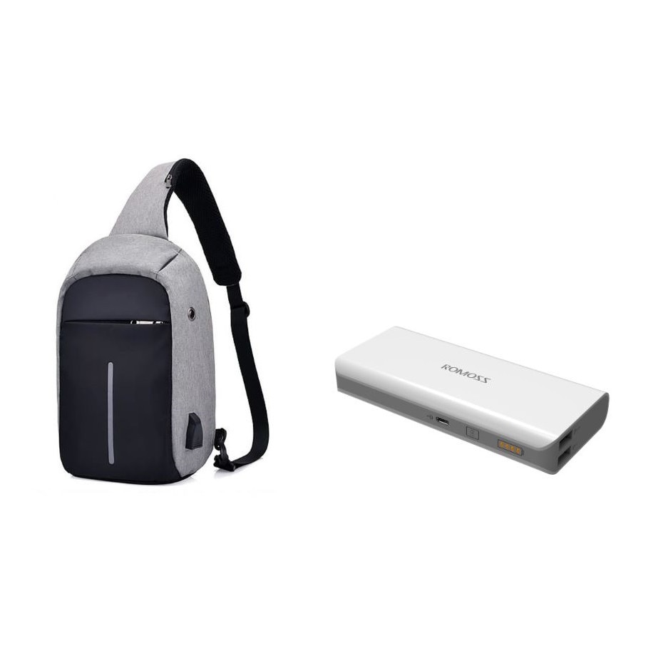 Baterie externa Romoss Solo 5 10000 mAh alb+mini-Rucsac antifurt gri cu port USB extern incarcare telefon