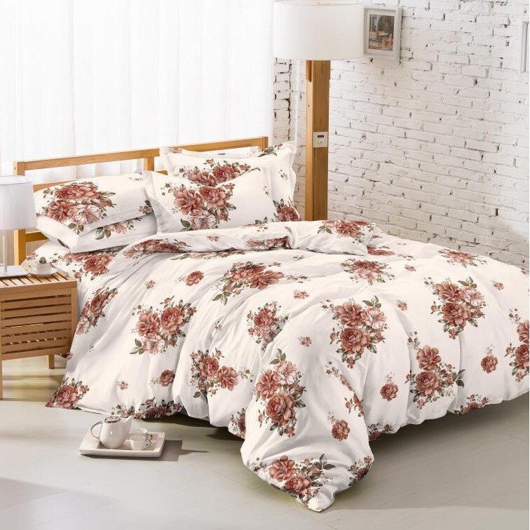 Lenjerie de pat de lux cu 2 fete din bumbac gros 2 persoane, 6 piese, crem Katia848