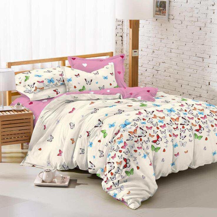 Lenjerie de pat de lux din bumbac gros 2 persoane, 6 piese, roz cu fluturi Katia847