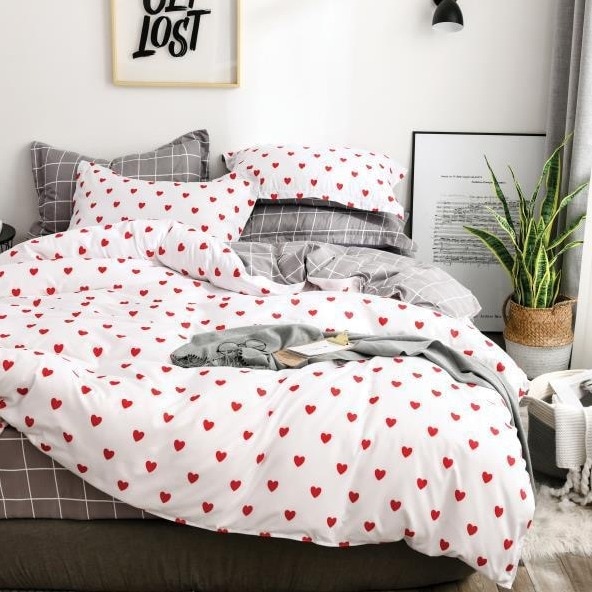 Lenjerie de pat de lux cu 2 fete din bumbac gros 2 persoane, 6 piese, alb/rosu Katia852