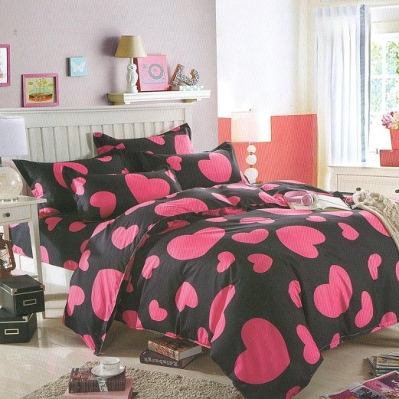 Lenjerie de pat din bumbac satinat pentru pat dublu 4 piese, roz cu fluturi JN402