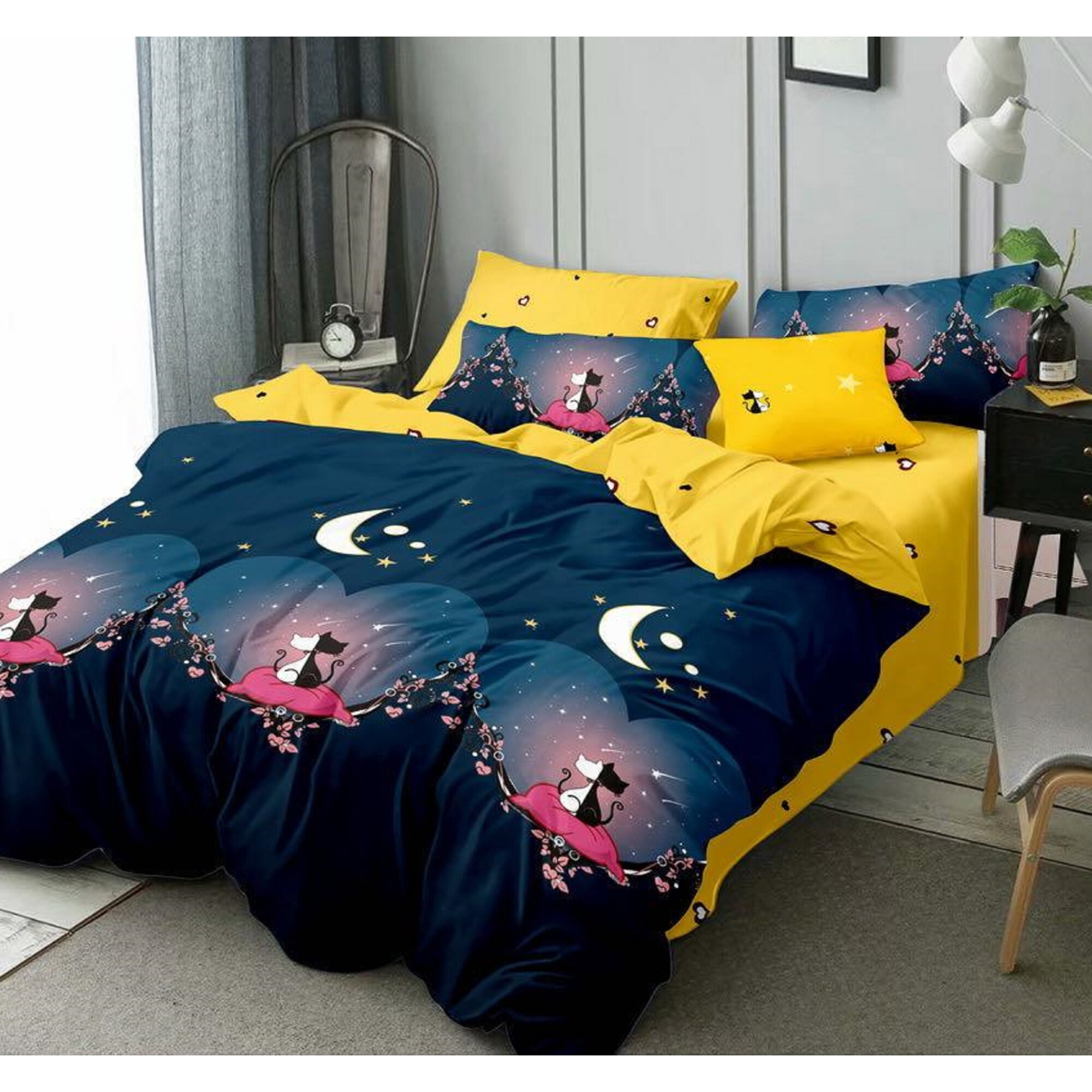 Lenjerie de pat din bumbac satinat dubla pentru pat dublu 4 piese, bleu JN405