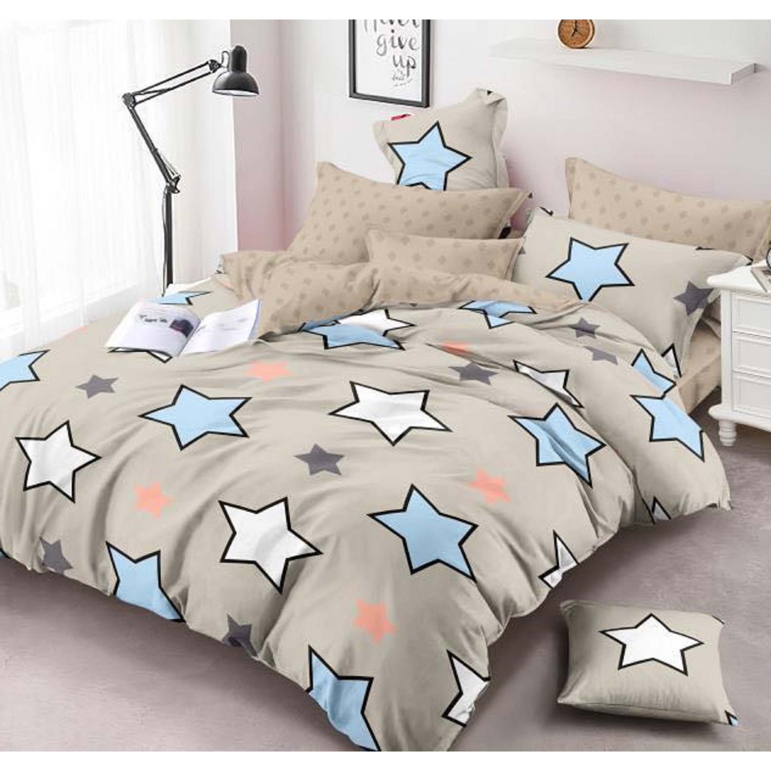 Lenjerie de pat din bumbac satinat dubla pentru pat dublu 4 piese, gri JN407