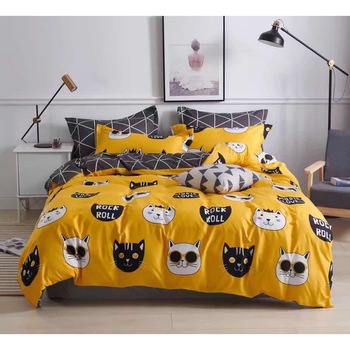 Lenjerie de pat din bumbac satinat dubla pentru pat dublu 4 piese, galben JN430 Lenjerie de pat din bumbac satinat dubla pentru pat dublu 4 piese, galben JN430