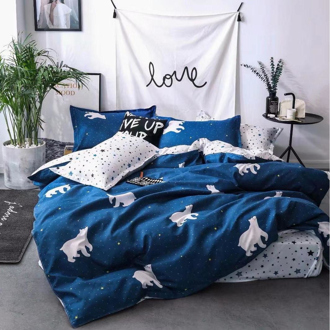 Lenjerie bumbac satinat 2 persoane, 4 piese, bleu, JN154