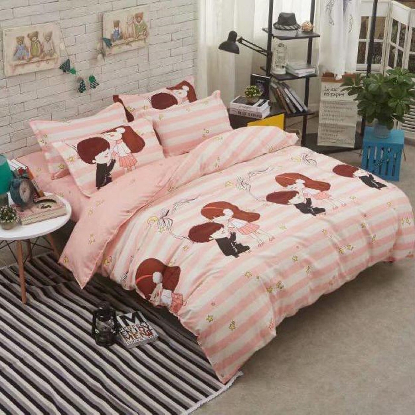 Lenjerie de pat din bumbac satinat dubla pentru pat dublu 4 piese, color JN437