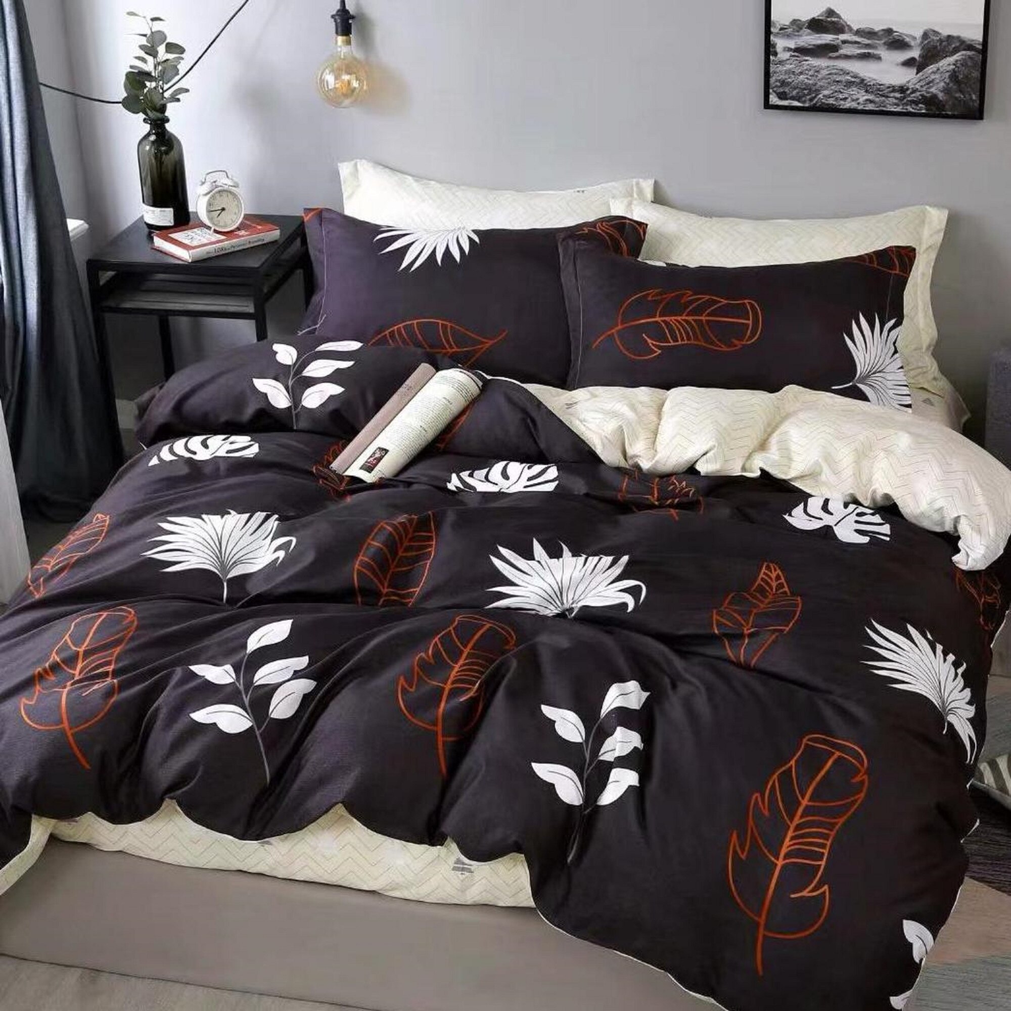 Lenjerie de pat 2 persoane, 4 piese, bumbac satinat negru JN219