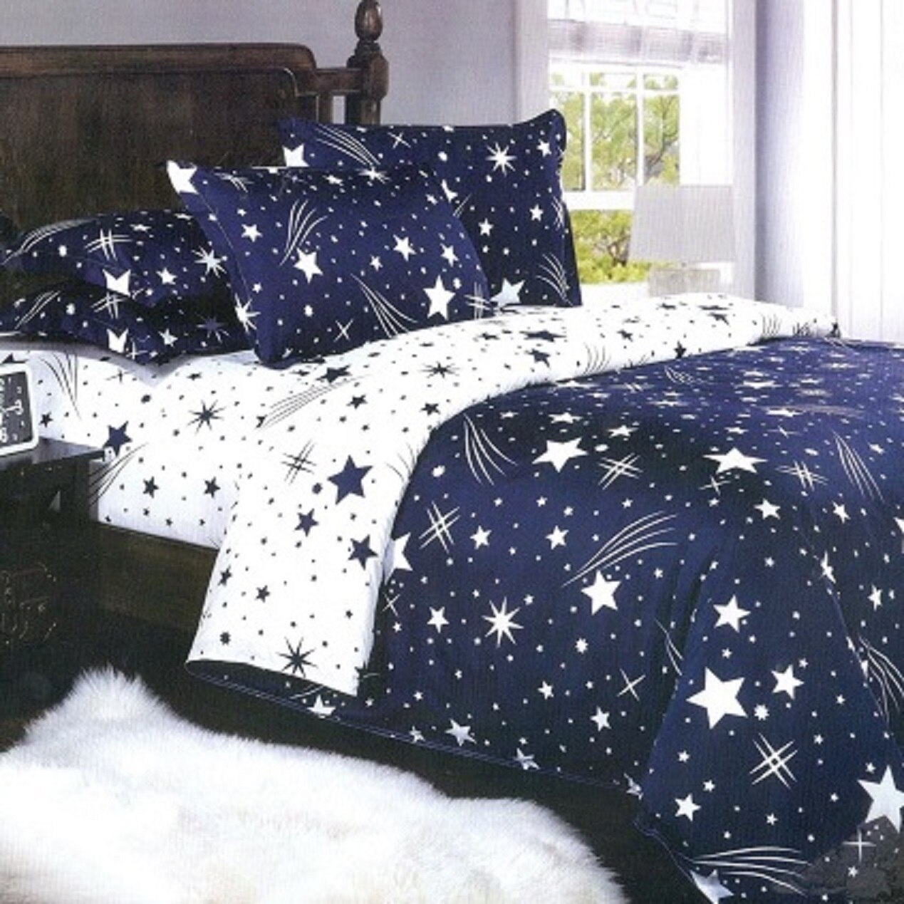 Lenjerie de pat din bumbac satinat dubla pentru pat dublu 4 piese, albastru JN406