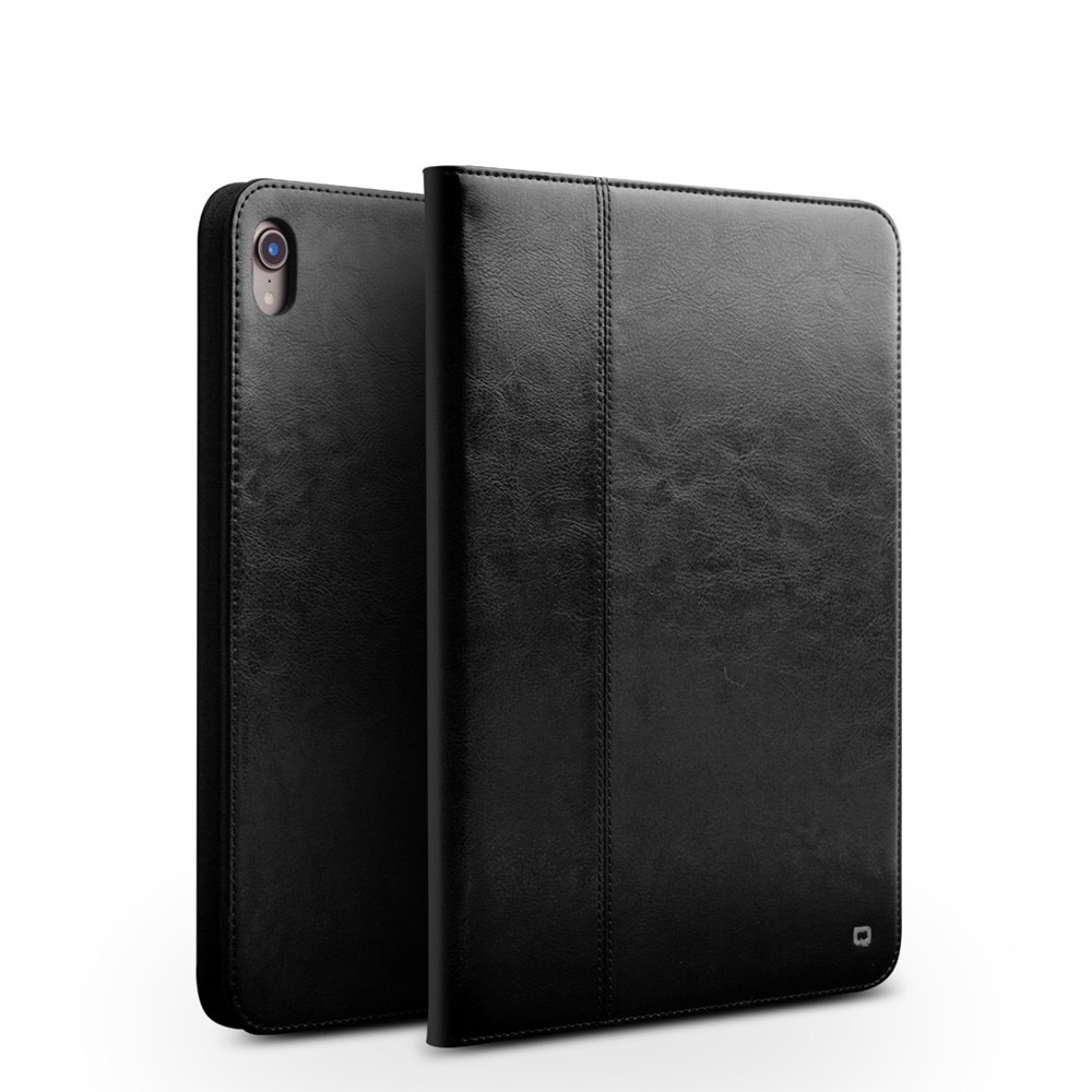 Husa iPad Pro 11 (2018), Qialino, piele naturala cu rama completa, stand + suport mana, smart cover, culoare Neagra