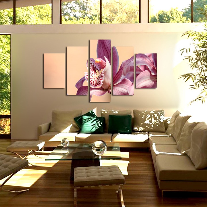 Set Tablouri Multicanvas 5 piese Premium Art Factory TrueColor Flori Multicolor Compozitie orhidee in culori calde, Panza pe cadru de lemn, Decoratiuni Moderne pentru Casa, 60 x 100 cm