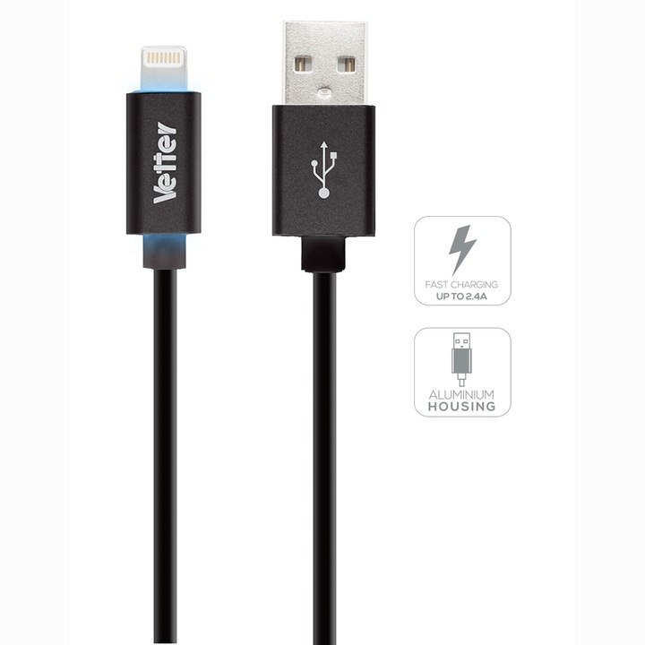 Vetter Lightning adat/töltő kábel, MFI, smart LED állapotjelző, Fekete