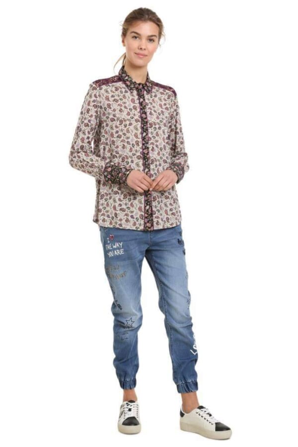 Camasa dama, Desigual, cu insertii de dantela crosetata, Multicolora