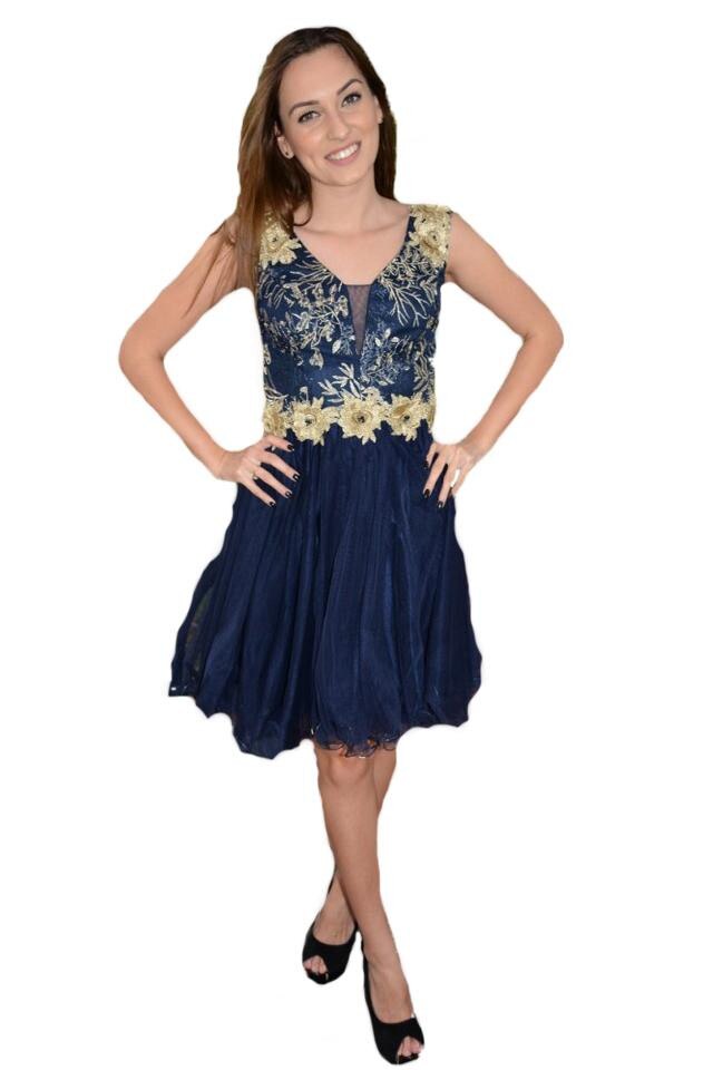 Rochie baby-doll din tul si dantela cu flori aurii 3D,D&J Exclusive, Bleumarin