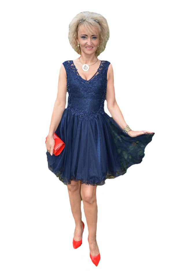 Rochie de ocazie,tul stratificat si dantela florala, D&J Exclusive, Bleumarin