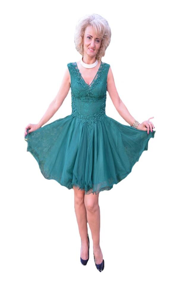 Rochie de ocazie,tul stratificat si dantela florala, D&J Exclusive, Verde inchis