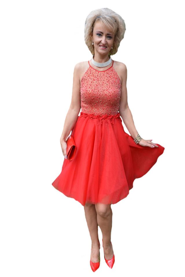 Rochie tinereeasca de ocazie cu tul si design de margele, D&J Exclusive, Rosu-Auriu