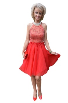 Rochie tinereeasca de ocazie cu tul si design de margele, D&J Exclusive, Rosu-Auriu Rochie tinereeasca de ocazie cu tul si design de margele, D&J Exclusive, Rosu-Auriu