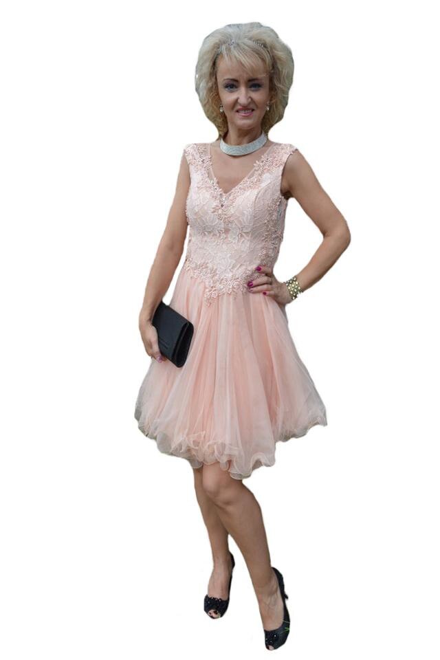 Rochie de seara cu dantela fina si tul dublu, D&J Exclusive, Piersica