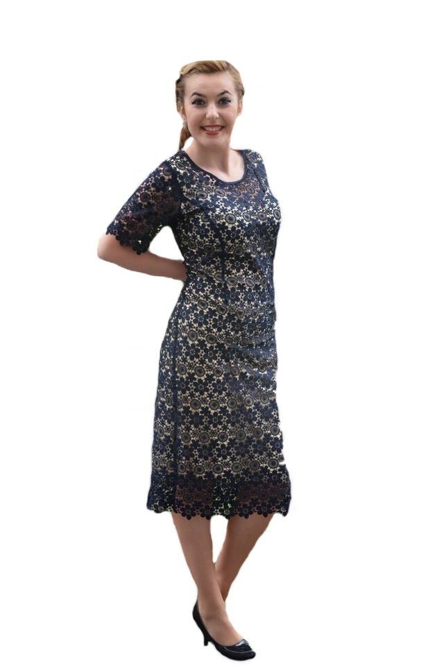 Rochie din dantela asezata pe captuseala crem, D&J Exclusive, Albastru marin