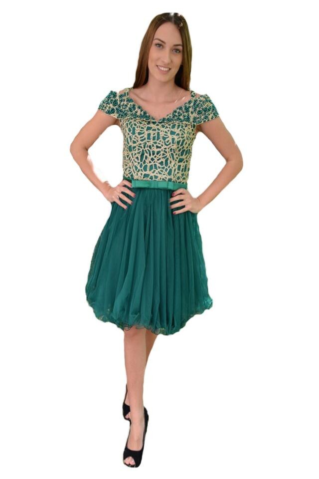 Rochie din tul cu design de margele,D&J Exclusive, Greenery-auriu