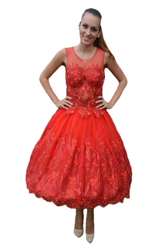 Rochie tinereasca cu croi evazat si broderie, D&J Exclusive, Rosu