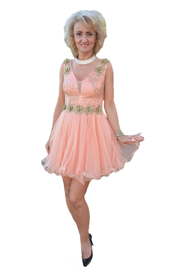 Rochie baby-doll din tul si dantela cu flori aurii 3D,D&J Exclusive, Piersica