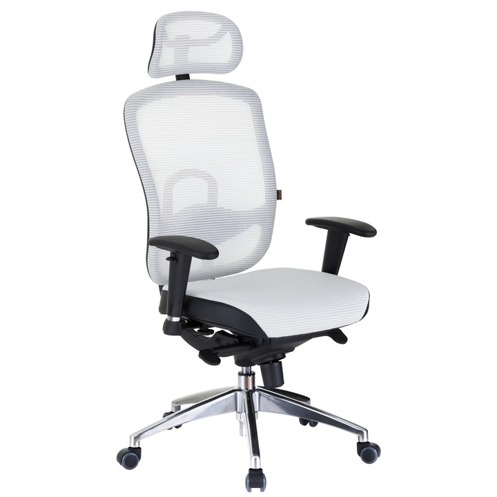 QMOBILI Oklahoma HI ergonomikus szék, hálós, állítható deréktámasz, fejtámla, alumínium váz, fehér