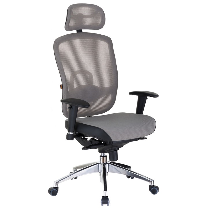 QMOBILI Oklahoma HI ergonomikus irodai szék, hálós, állítható deréktámasz, fejtámla, alumínium váz, szürke