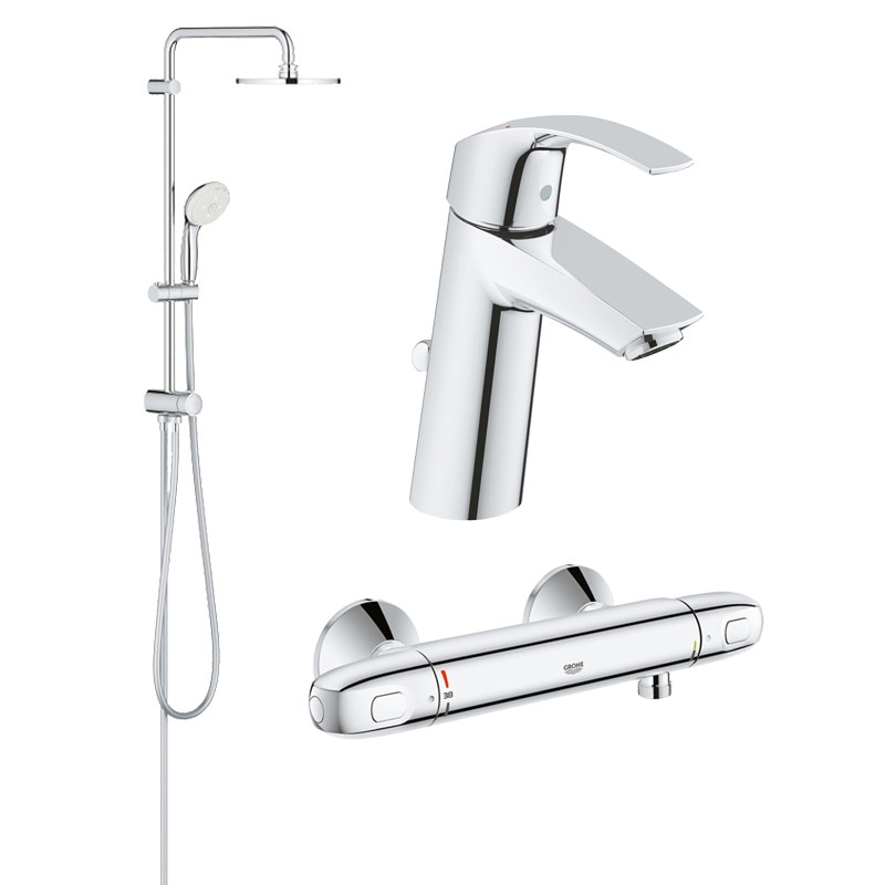 Pachet coloana dus Grohe New Tempesta 200, crom, montare pe perete, plus baterie termostat Grohtherm 1000 New, plus baterie lavoar Grohe Eurosmart marime M
