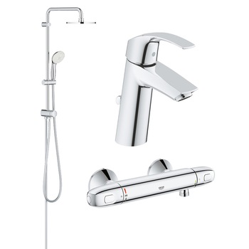 Pachet coloana dus Grohe New Tempesta 200, crom, montare pe perete, plus baterie termostat Grohtherm 1000 New, plus baterie lavoar Grohe Eurosmart marime M Pachet coloana dus Grohe New Tempesta 200, crom, montare pe perete, plus baterie termostat Grohtherm 1000 New, plus baterie lavoar Grohe Eurosmart marime M
