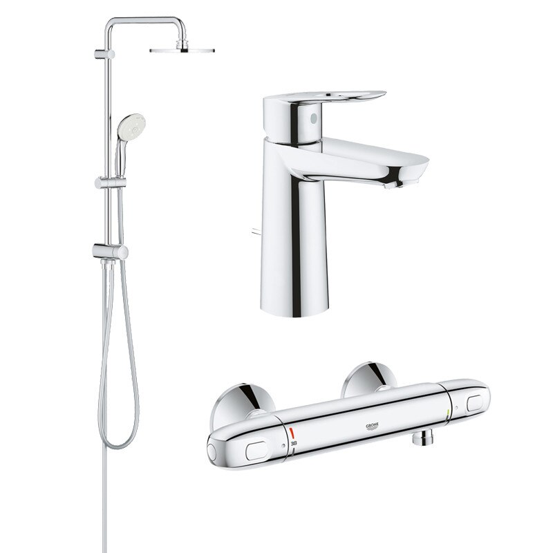 Pachet coloana dus Grohe New Tempesta 200, crom, montare pe perete, plus baterie termostat Grohtherm 1000 New, plus baterie lavoar Grohe Bauloop, marimea M