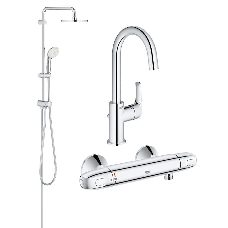Pachet coloana dus Grohe New Tempesta 200, crom, montare pe perete, plus baterie termostat Grohtherm 1000 New, plus Baterie lavoar inalta Eurosmart New, marimea L