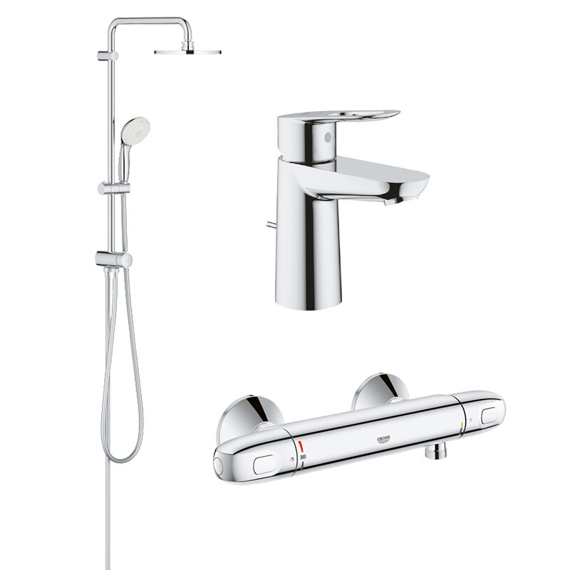 Pachet coloana dus Grohe New Tempesta 200, crom, montare pe perete, plus baterie termostat Grohtherm 1000 New, plus baterie lavoar Grohe Bauloop marimea S