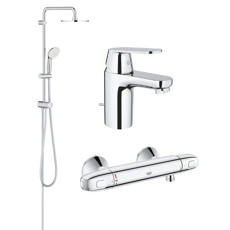 Coloana dus Grohe New Tempesta 200, crom, montare pe perete, baterie termostat Grohtherm 1000 New, plus baterie lavoar Grohe Eurosmart Cosmopolitan, marimea S