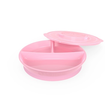 Farfurie bebe compartimentata, cu capac si sistem Twistclick, 6+ luni, Pastel Pink Farfurie bebe compartimentata, cu capac si sistem Twistclick, 6+ luni, Pastel Pink