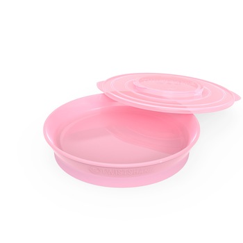 Farfurie bebe cu capac si sistem Twistclick, 6+ luni, Pastel Pink Farfurie bebe cu capac si sistem Twistclick, 6+ luni, Pastel Pink