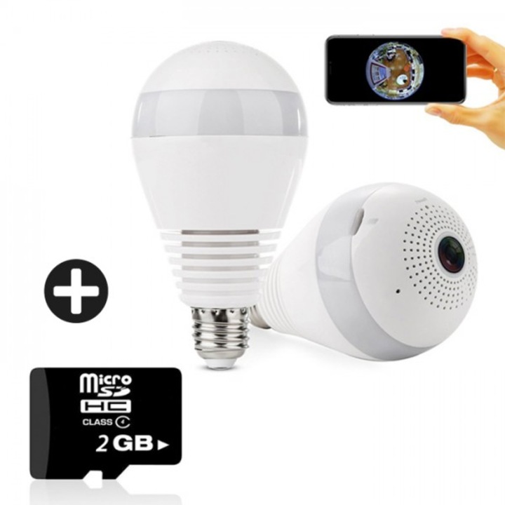 Комплект Панорамна камера тип крушка OEM +SD card 2 GB KINGSTON Panoramic Camera Light, Бяла