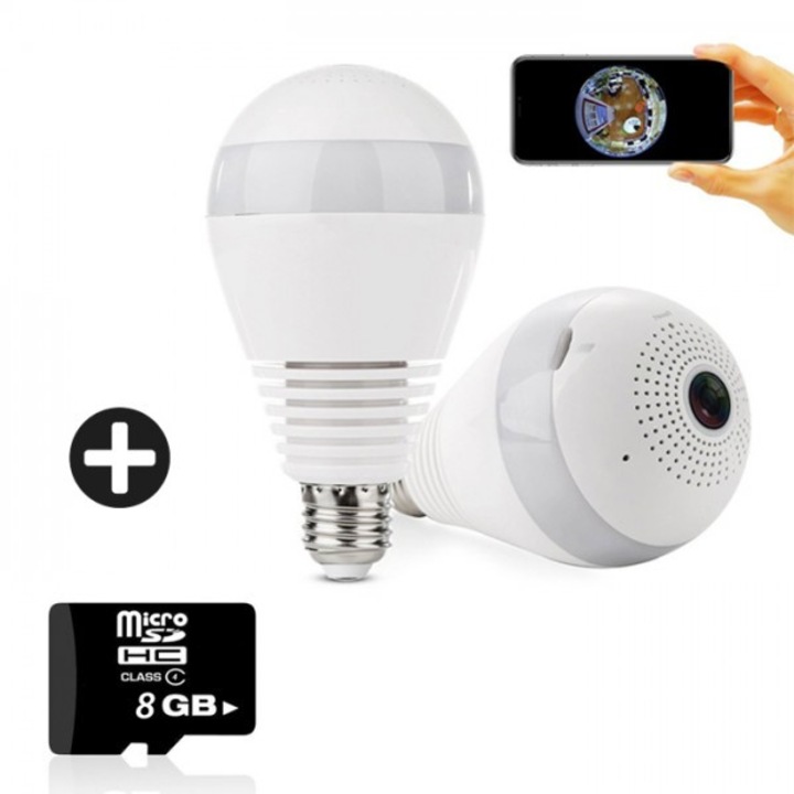 Комплект Панорамна камера тип крушка OEM +SD card 8 GB KINGSTON Panoramic Camera Light, Бяла