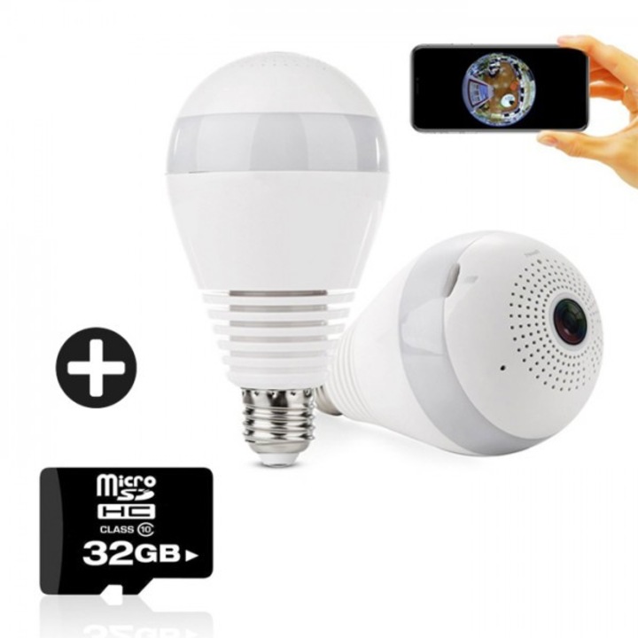 Комплект Панорамна камера тип крушка OEM +SD card 32 GB KINGSTON Panoramic Camera Light, Бяла