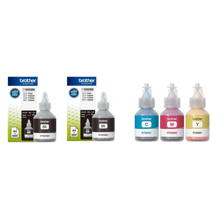 BT6000BK x 2 черни BT5000 циан, магента, жълто Опаковка с бутилки за пълнене с мастило Brother 27000 страници