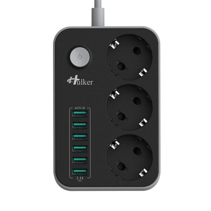 Priza HULKER SE3631, 3 prize, 6 porturi USB, inteligenta