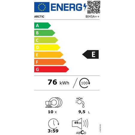 Masina de spalat vase incorporabila Arctic BI45A++, 10 seturi, 5 programe, Clasa E, Motor Silent Inverter, Functie RAPID+, Daily 65, Quick&Dry, 45 cm