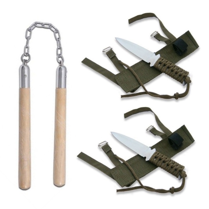 Pachet format din Nunceag lemn 31 cm Ninja warrior si 2 Cutite pentru aruncat la tinta Shaitan, 25.6 cm , paracord kaki