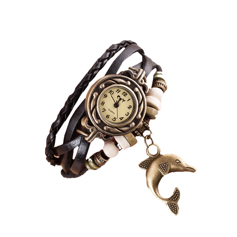 Ceas de dama stil retro / vintage cu pandant delfin - maro